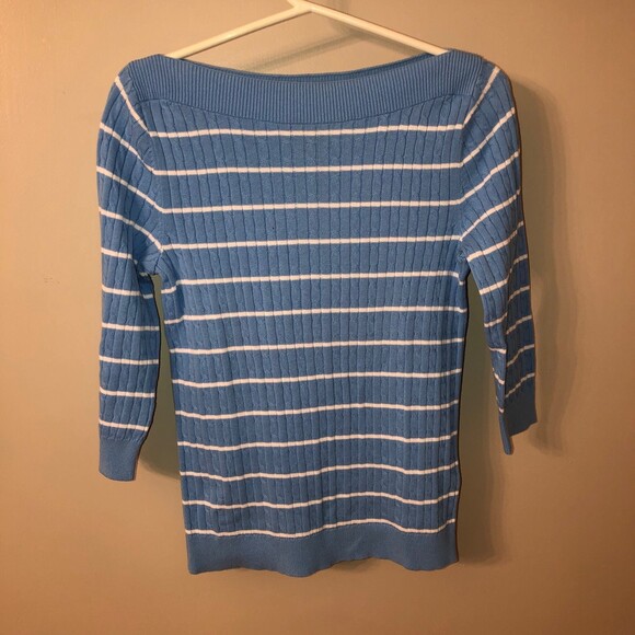 LAUREN RALPH LAUREN SMALL LIGHT BLUE WHITE STRIPE BOAT NECK COTTON SWEATER - Picture 2 of 6